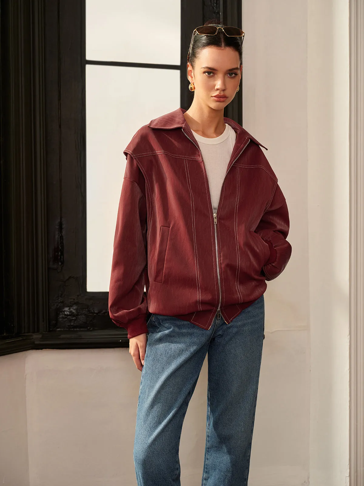 Lapel Faux Leather Biker Jacket sold by COMMENSE product image thumbnail 5