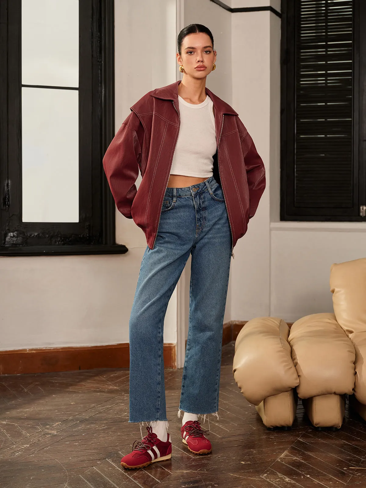 Lapel Faux Leather Biker Jacket sold by COMMENSE product image thumbnail 2