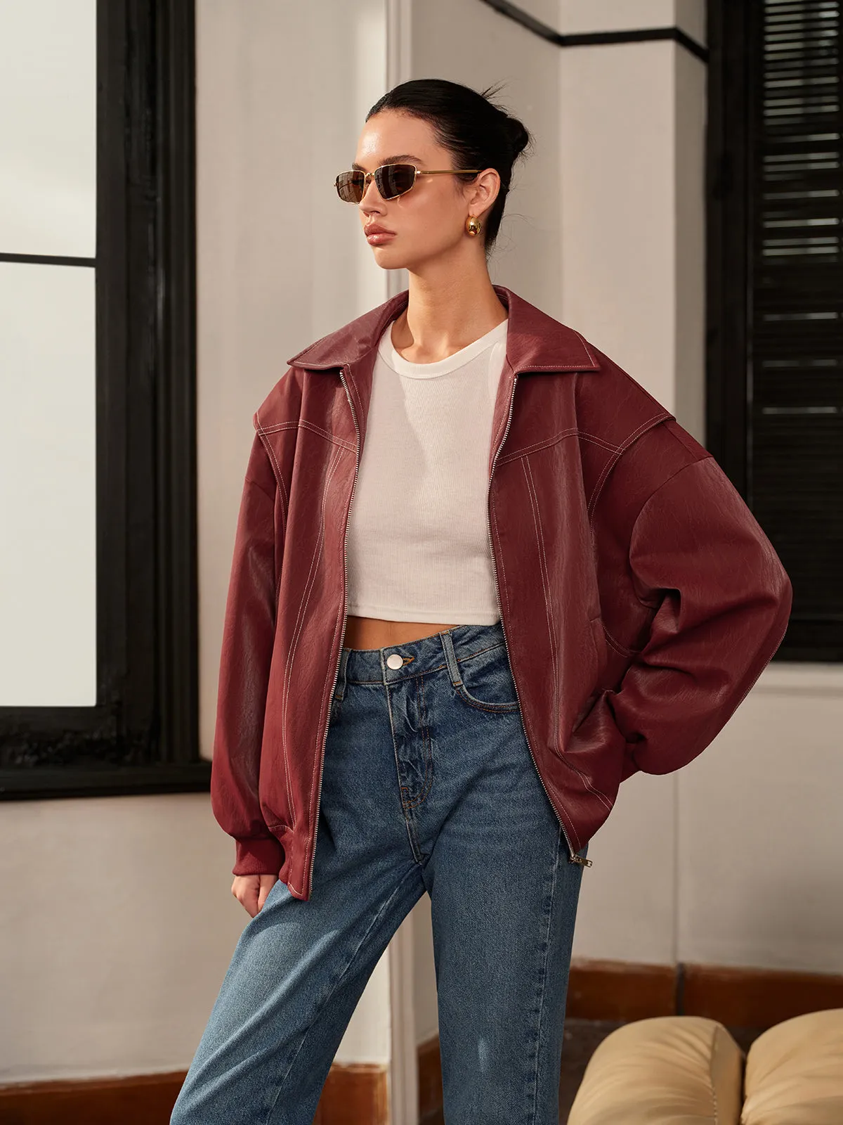Lapel Faux Leather Biker Jacket sold by COMMENSE product image thumbnail 3