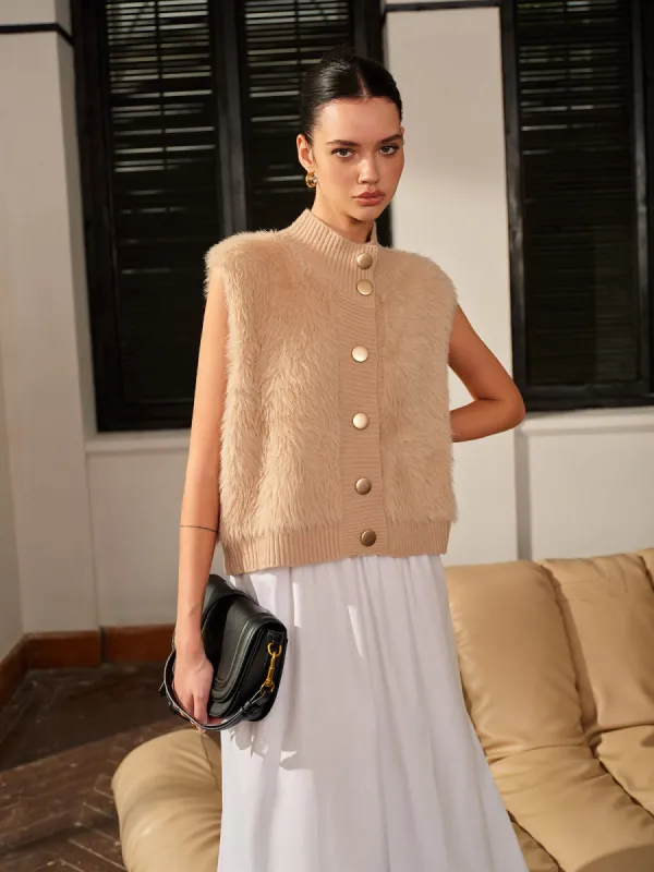 Mock Neck Button Fuzzy Vest sold by COMMENSE
