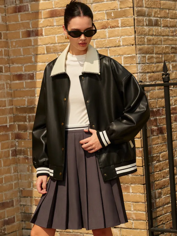 Contrast Collar PU Leather Bomber Jacket sold by COMMENSE