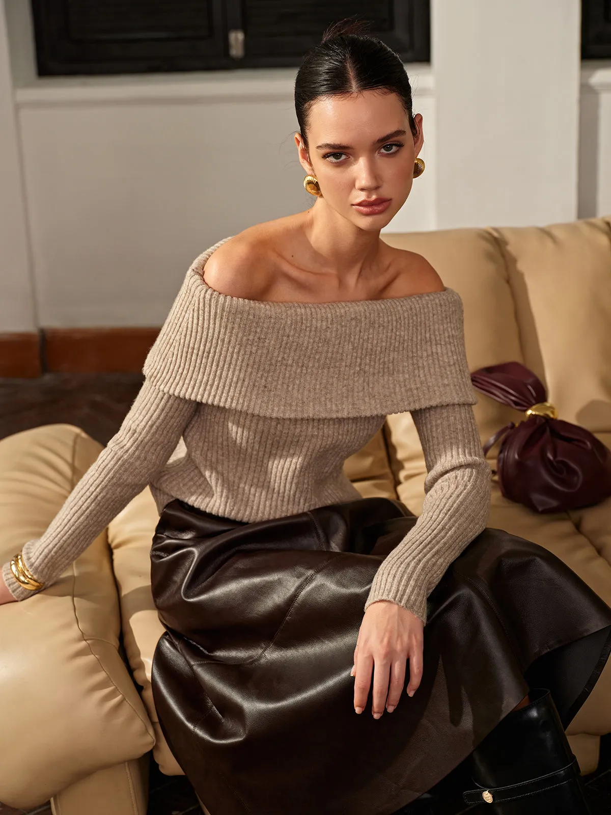 Plain Off-Shoulder Ribbed Sweater sold by COMMENSE product image thumbnail 5