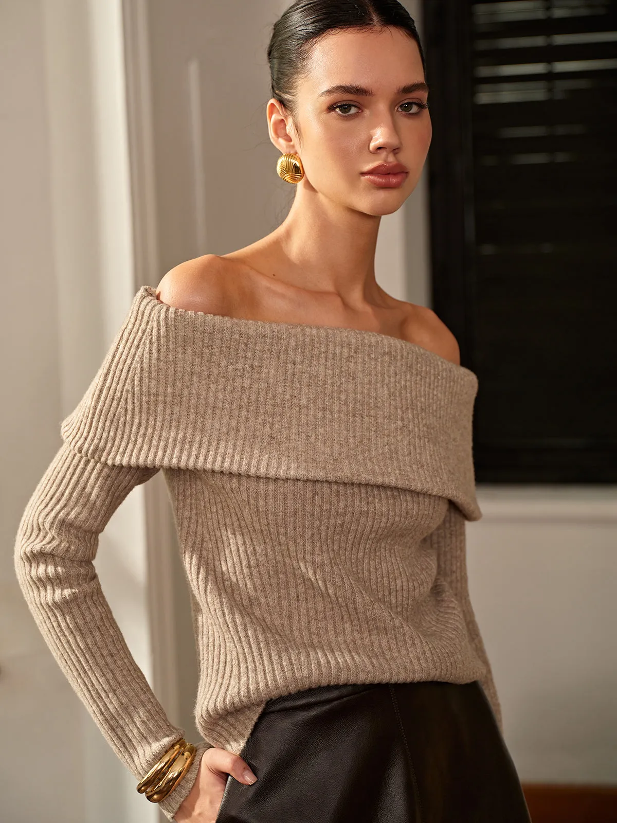 Plain Off-Shoulder Ribbed Sweater sold by COMMENSE product image thumbnail 2
