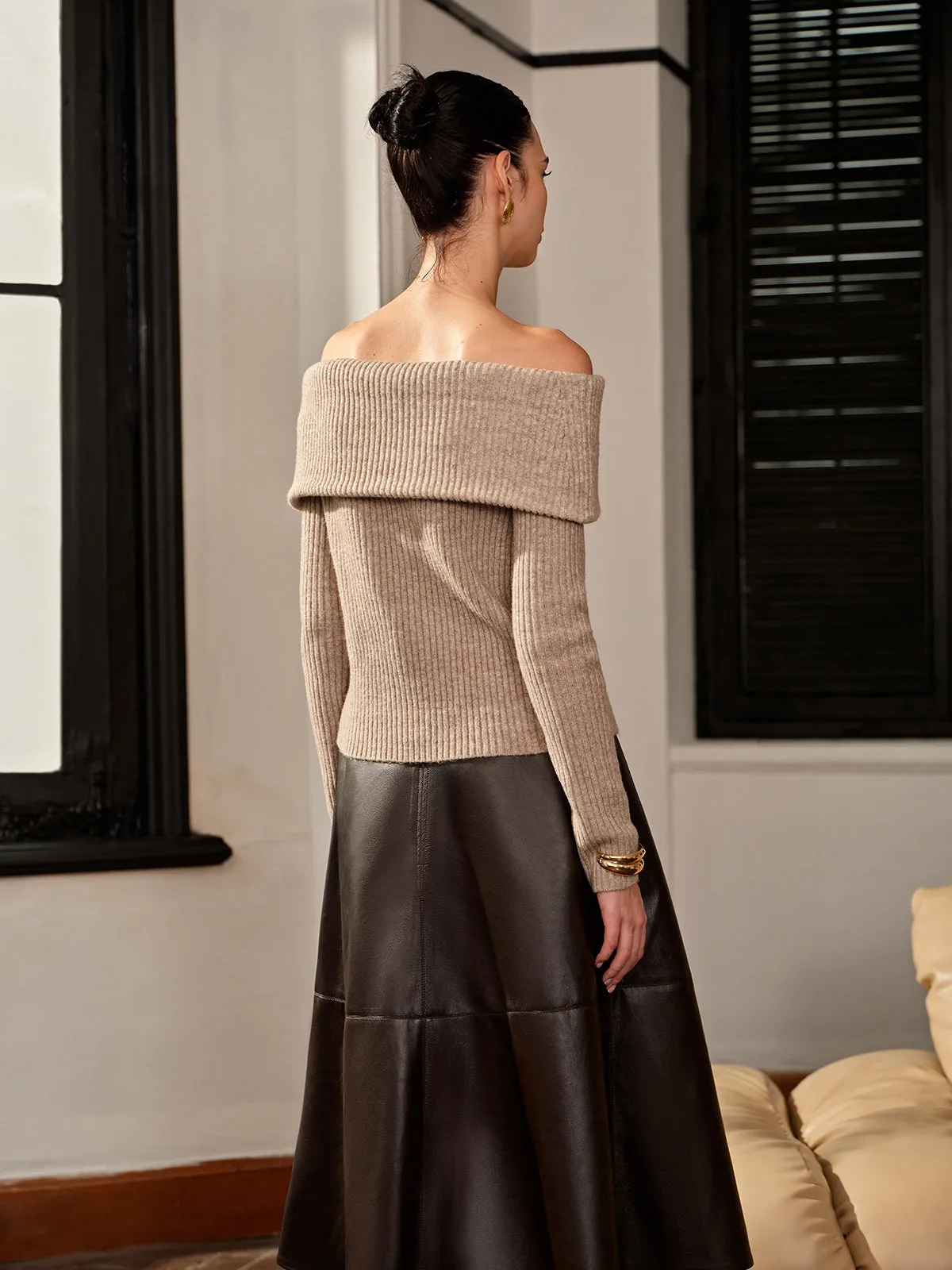 Plain Off-Shoulder Ribbed Sweater sold by COMMENSE product image thumbnail 4