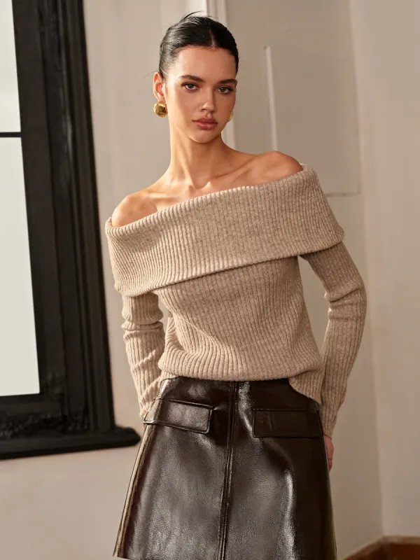 Plain Off-Shoulder Ribbed Sweater sold by COMMENSE
