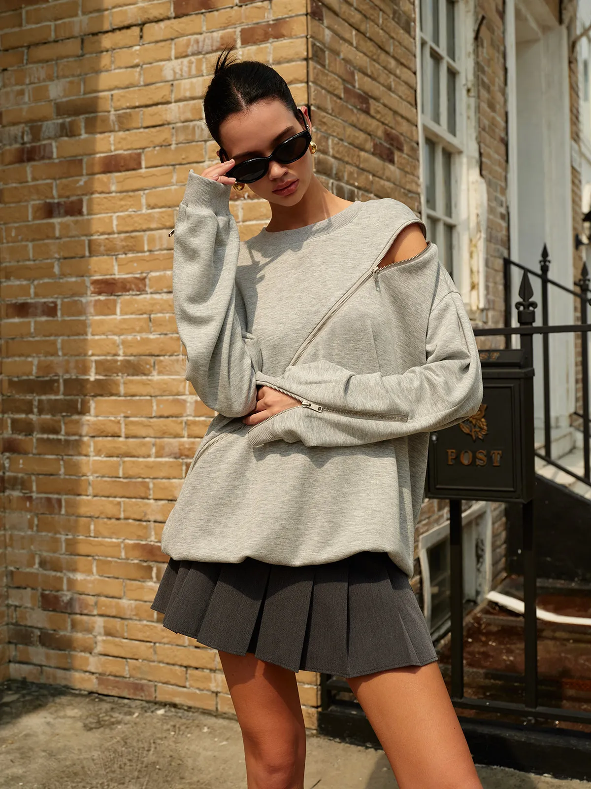 Plain Zipper Loose Sweatshirt sold by COMMENSE product image thumbnail 2