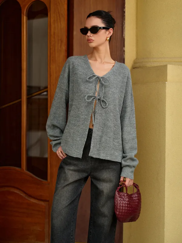 Wool-Blend V-Neck Tie Front Cardigan sold by COMMENSE