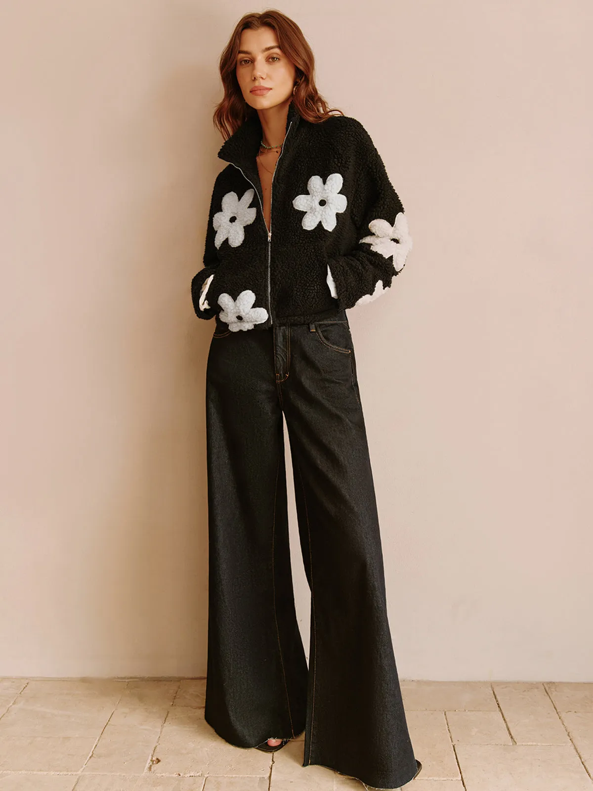 Floral Zipper Fleece Jacket sold by COMMENSE product image thumbnail 3