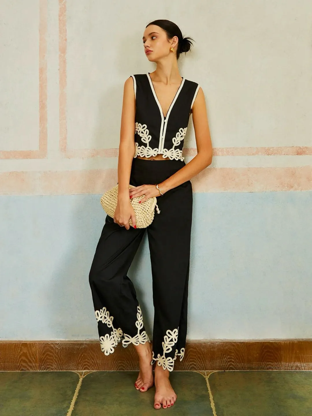 Casual Embroidery Sleeveless Zipper Pants Set sold by COMMENSE