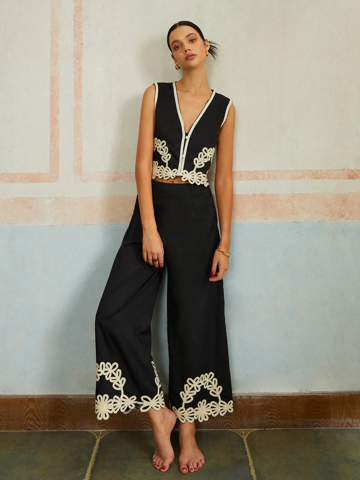 Casual Embroidery Sleeveless Zipper Pants Set sold by COMMENSE product image thumbnail 5