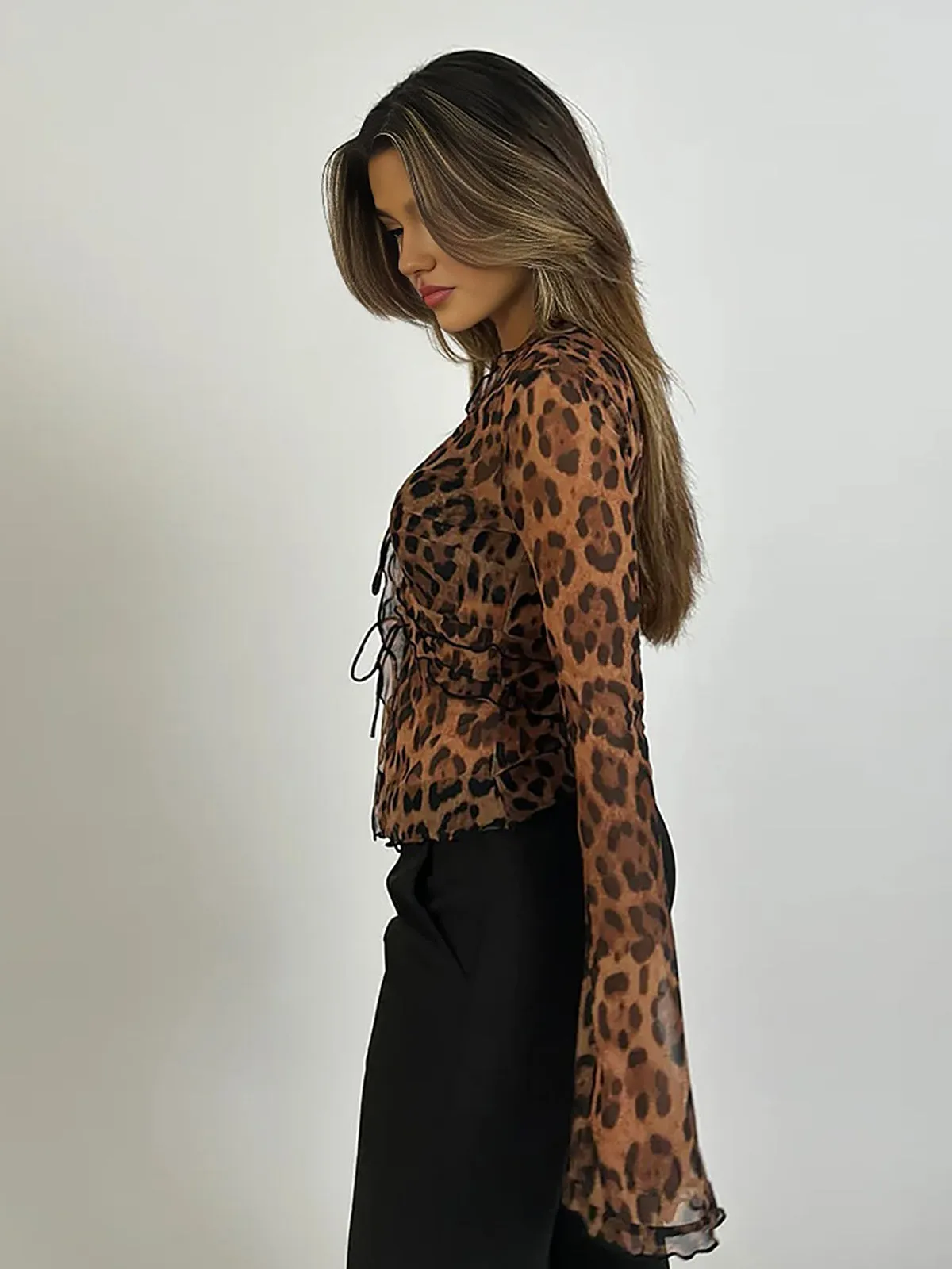 Leopard Print Semi-Sheer Ruffle V-neck Shirt sold by COMMENSE product image thumbnail 3