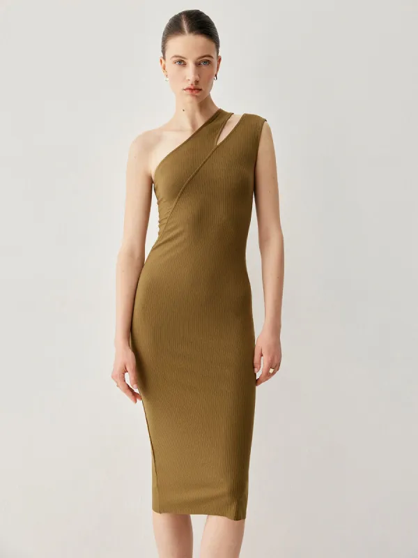 Slinky Asymmetric Ribbed Cut Out Knit Midi Dress sold by COMMENSE