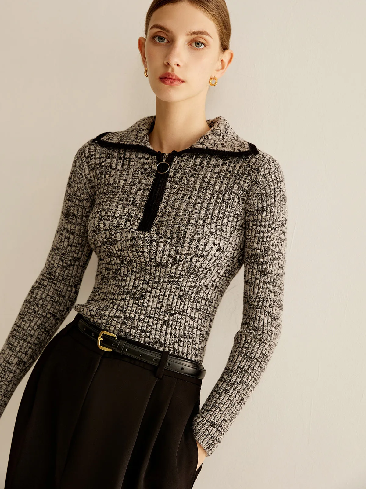 Vintage Contrast Trim Zipper Knit Top sold by COMMENSE product image thumbnail 4