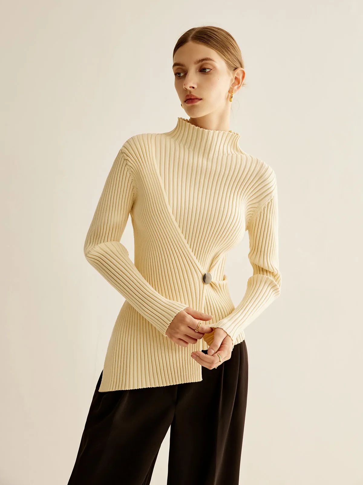 Mock-Neck Ribbed Cinched Sweater sold by COMMENSE