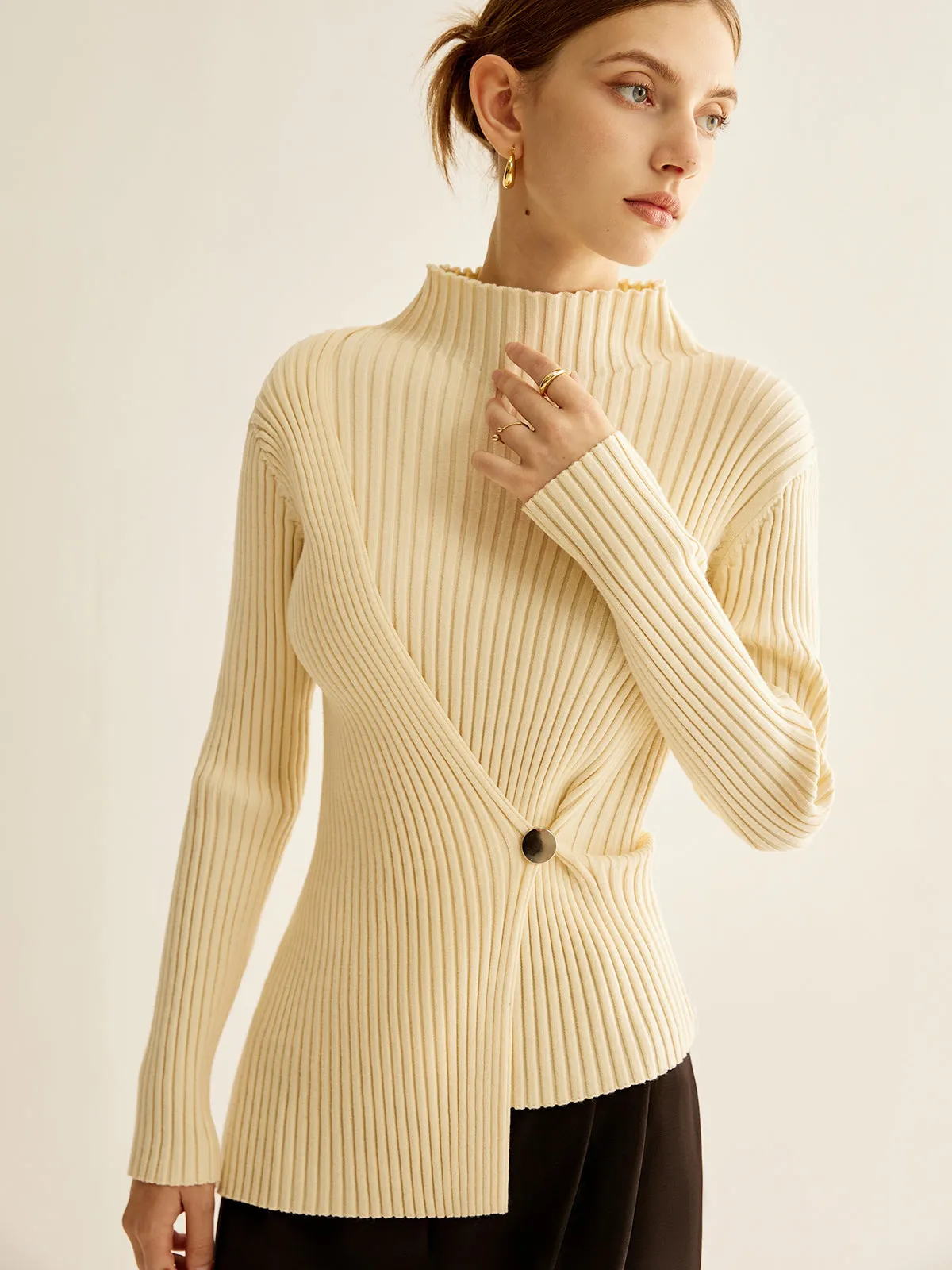 Mock-Neck Ribbed Cinched Sweater sold by COMMENSE product image thumbnail 3