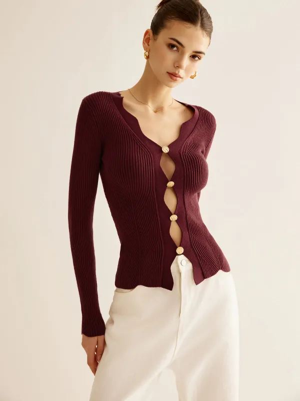 Wave Trim Cutout Slim Knit Top sold by COMMENSE