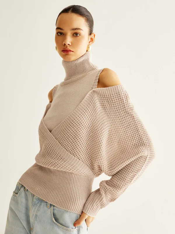 Wool-Blend Turtleneck Cinched Knit Top sold by COMMENSE