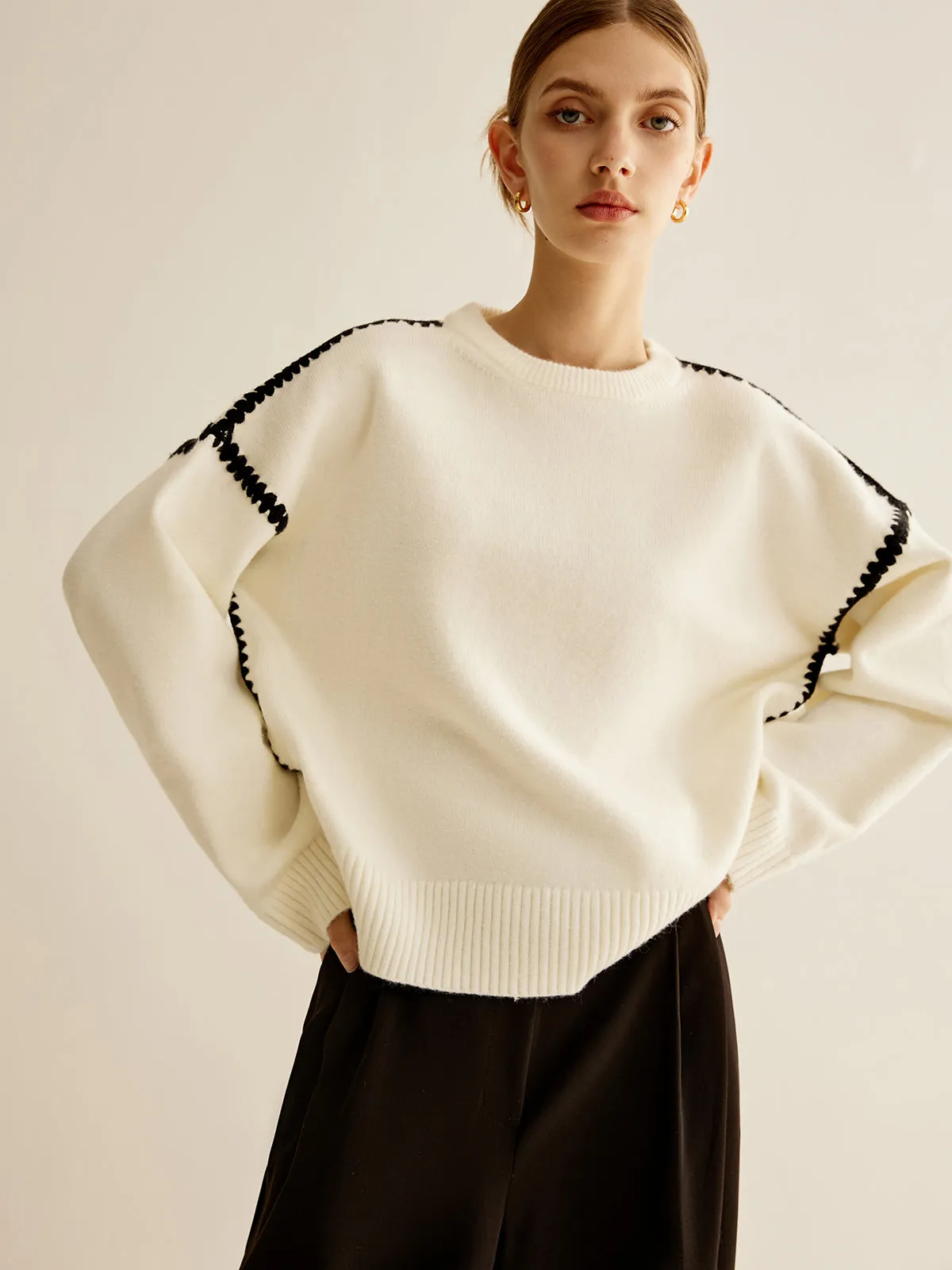 Minimalist Embroidered Trim Sweater sold by COMMENSE product image thumbnail 4