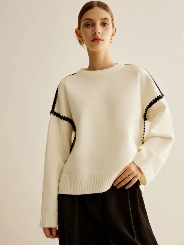 Minimalist Embroidered Trim Sweater sold by COMMENSE