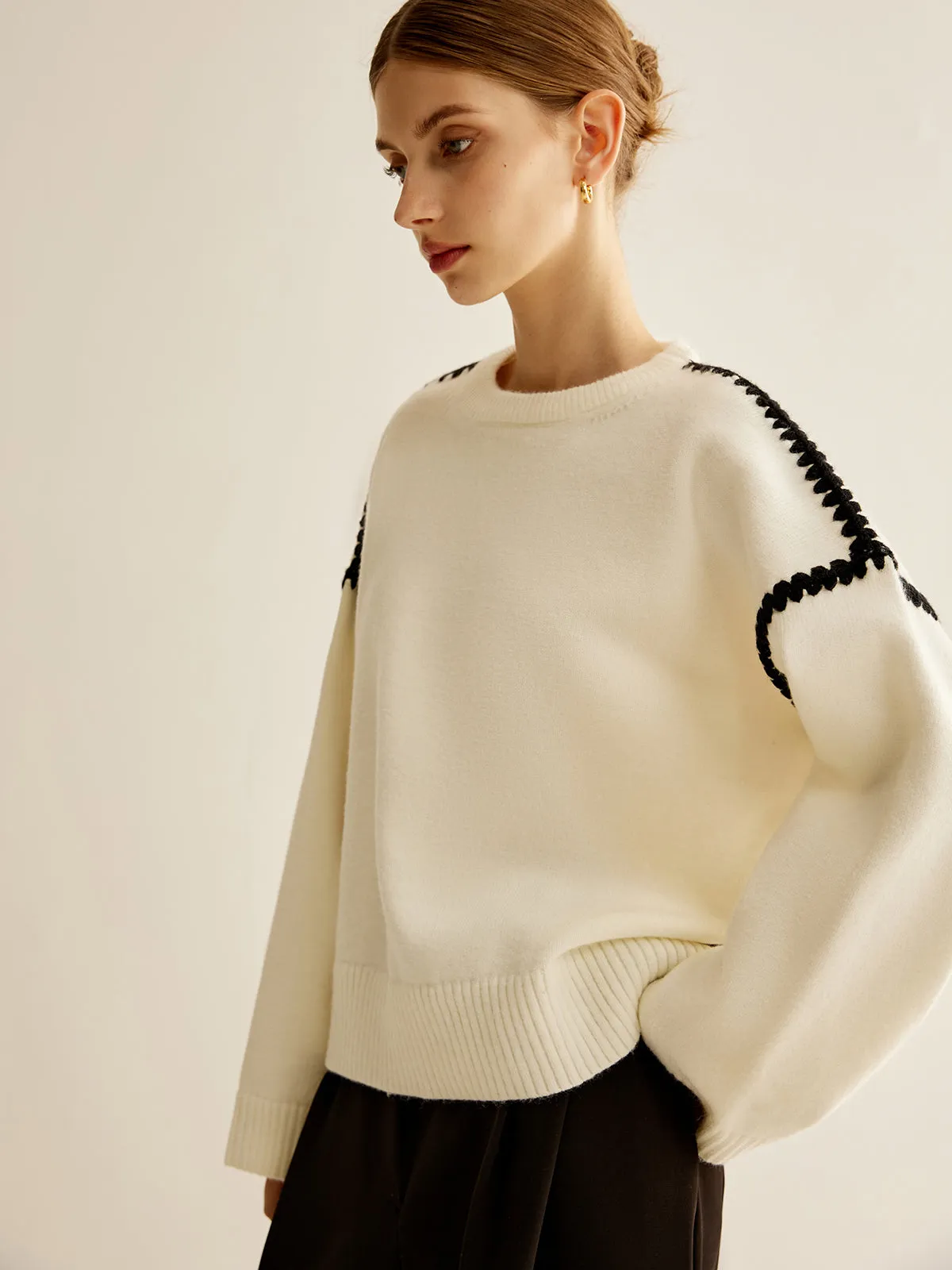 Minimalist Embroidered Trim Sweater sold by COMMENSE product image thumbnail 2