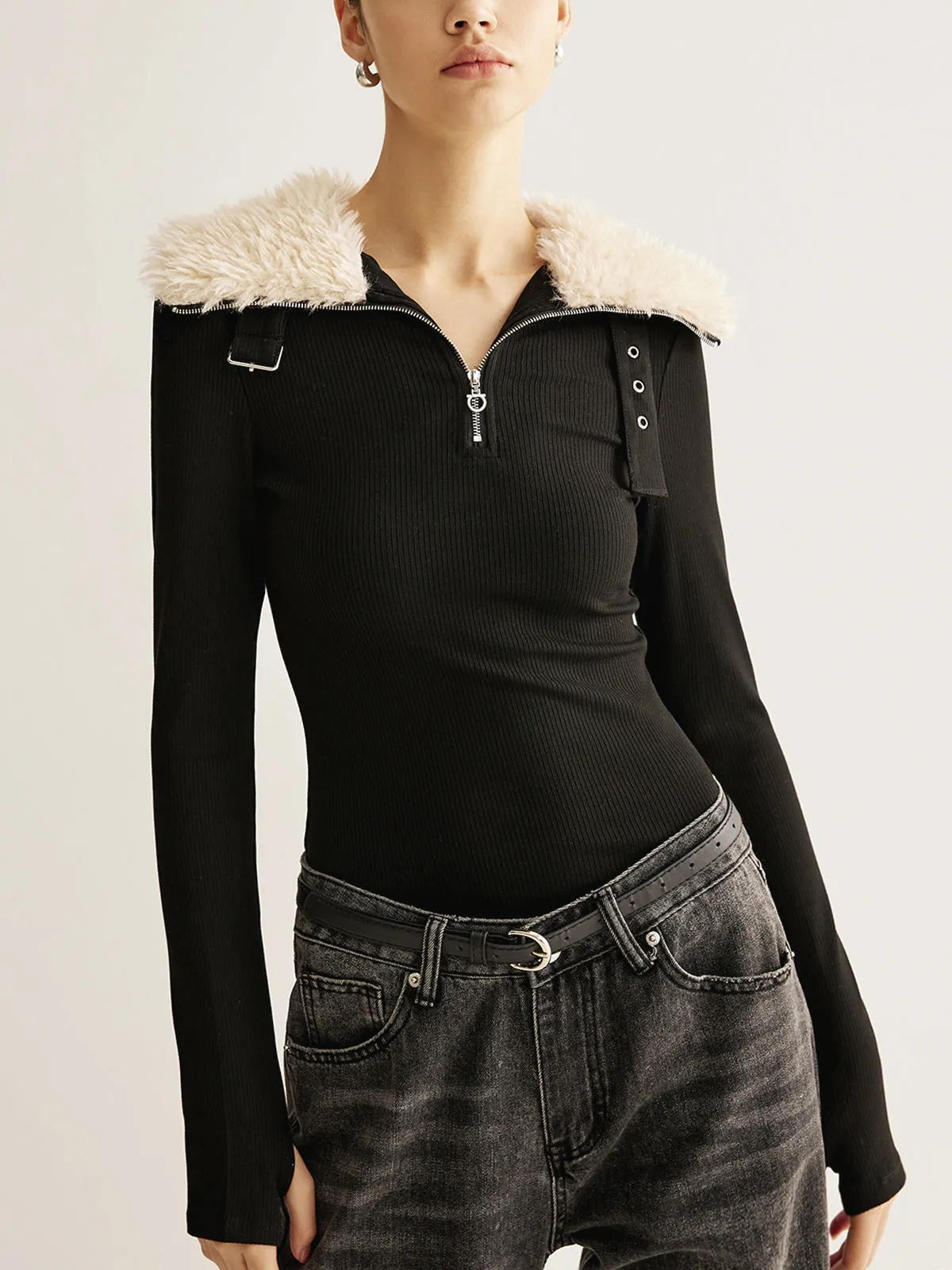 Panel Zipper Ribbed Slim Blouse sold by COMMENSE