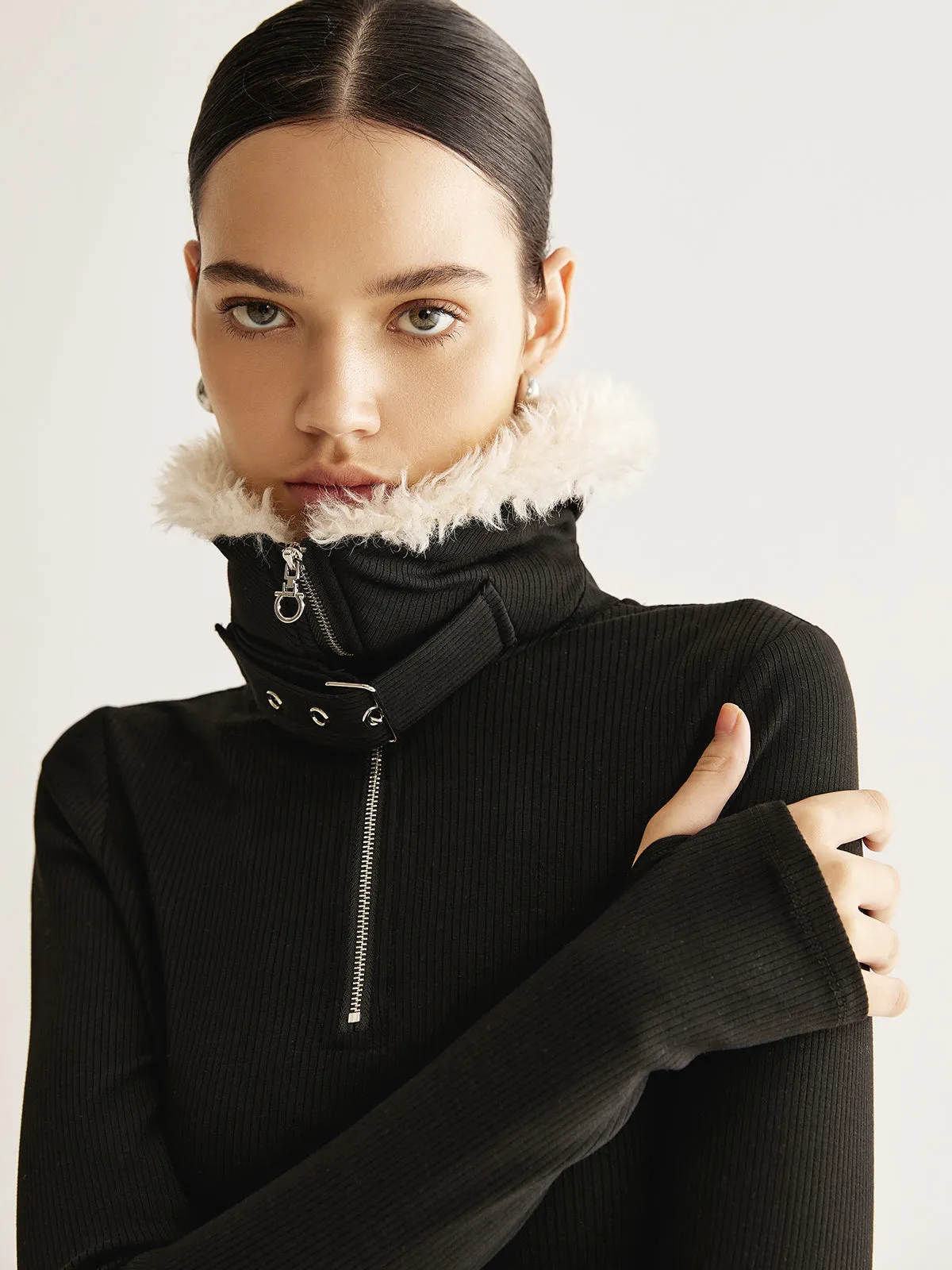 Panel Zipper Ribbed Slim Blouse sold by COMMENSE product image thumbnail 4