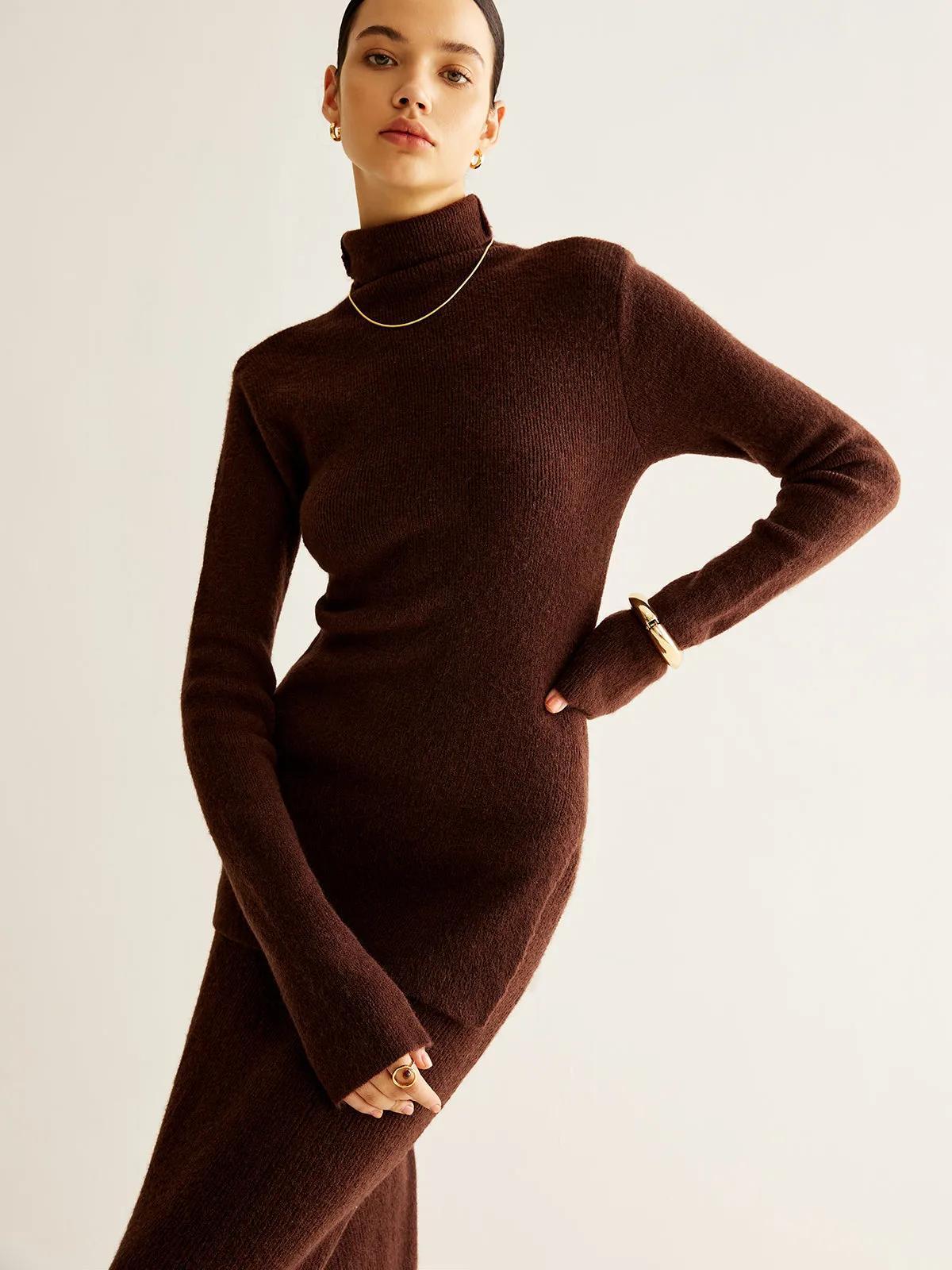 Plain Turtleneck Ribbed Soft Skirt Set sold by COMMENSE