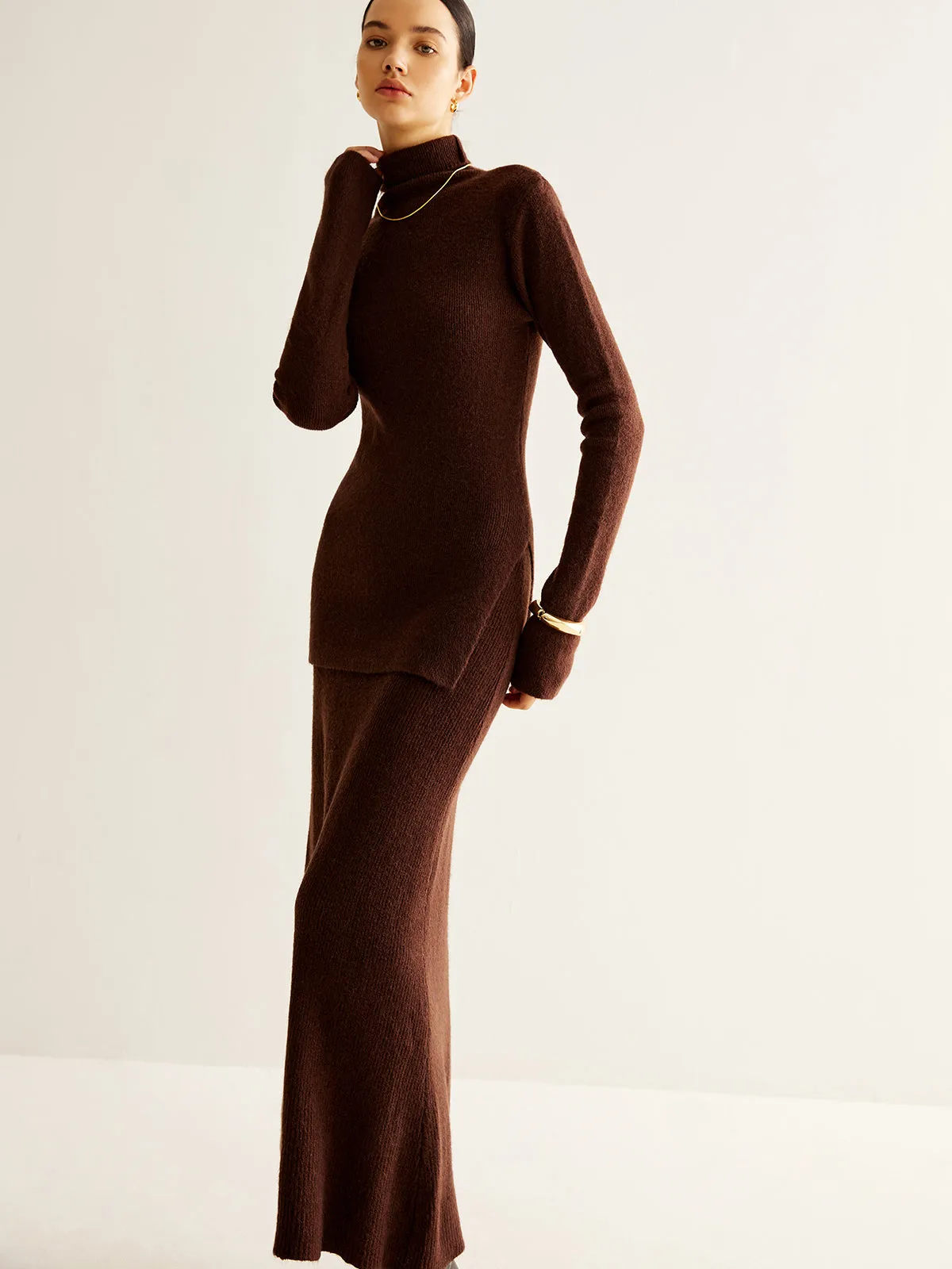 Plain Turtleneck Ribbed Soft Skirt Set sold by COMMENSE product image thumbnail 5