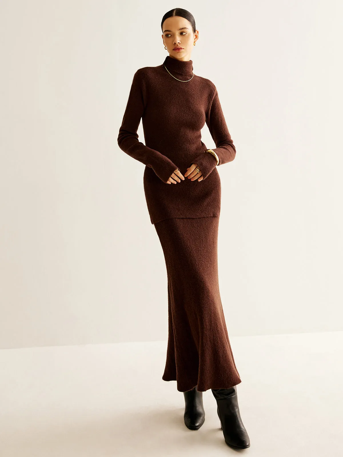 Plain Turtleneck Ribbed Soft Skirt Set sold by COMMENSE product image thumbnail 2