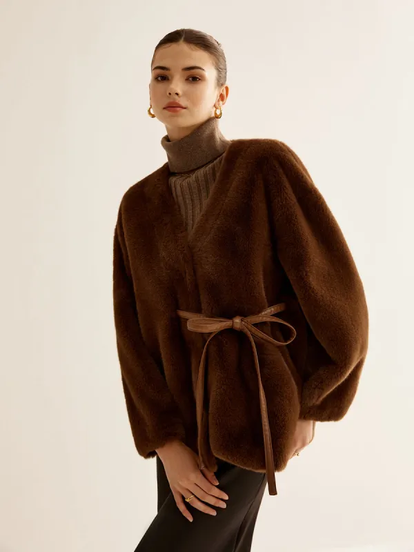V-Neck Belted Faux Fur Coat sold by COMMENSE