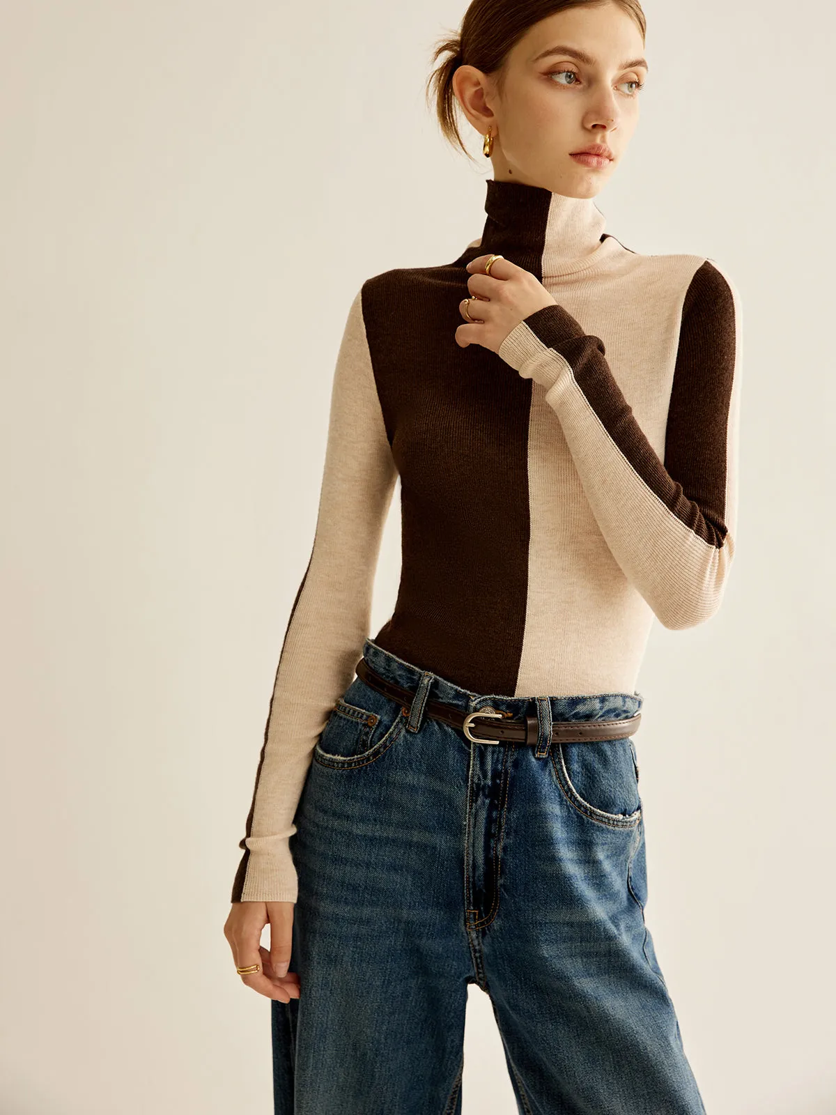 Wool-Blend Turtleneck Color Block Knit Top sold by COMMENSE product image thumbnail 3