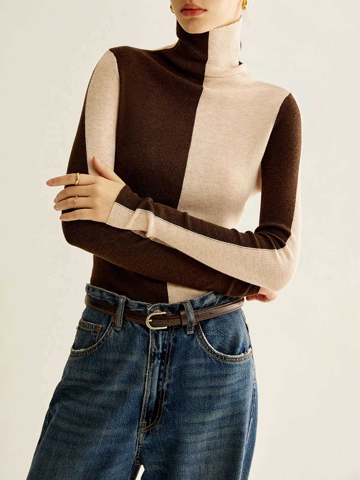 Wool-Blend Turtleneck Color Block Knit Top sold by COMMENSE