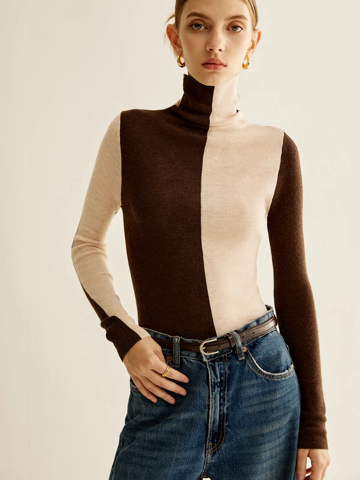 Wool-Blend Turtleneck Color Block Knit Top sold by COMMENSE product image thumbnail 2