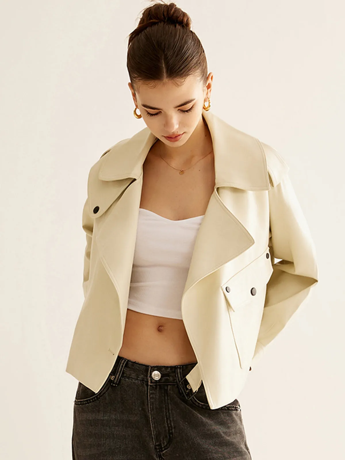 Flap-Pocket Faux Leather Jacket sold by COMMENSE product image thumbnail 2