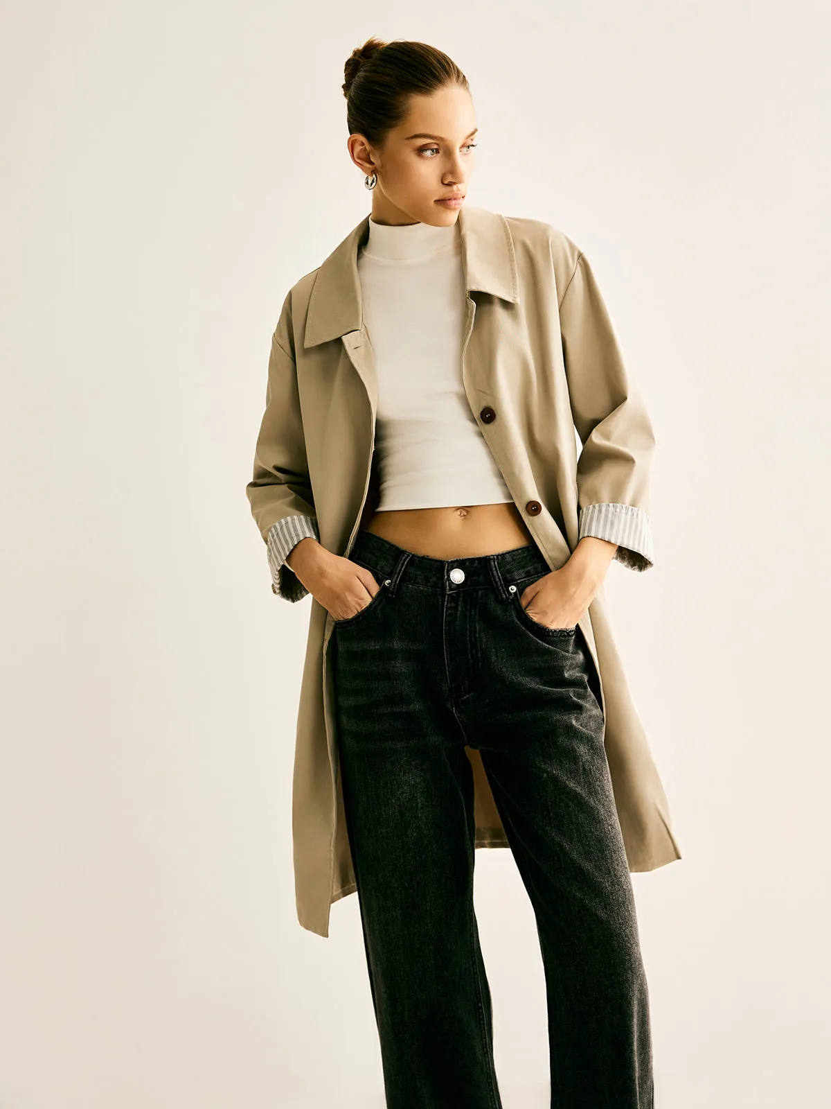 Pinstripe-Cuff Long Trench Coat sold by COMMENSE product image thumbnail 3