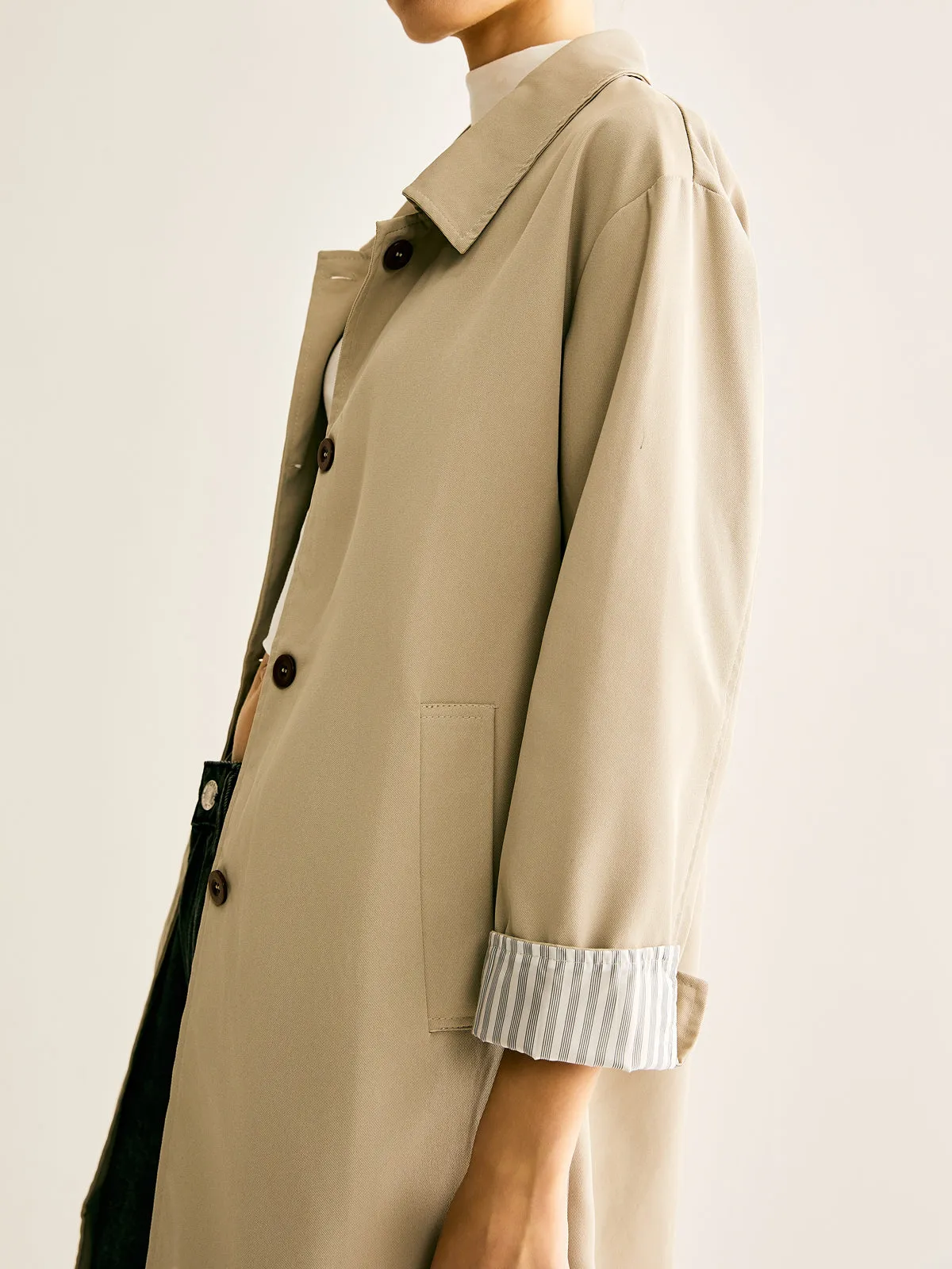 Pinstripe-Cuff Long Trench Coat sold by COMMENSE product image thumbnail 4
