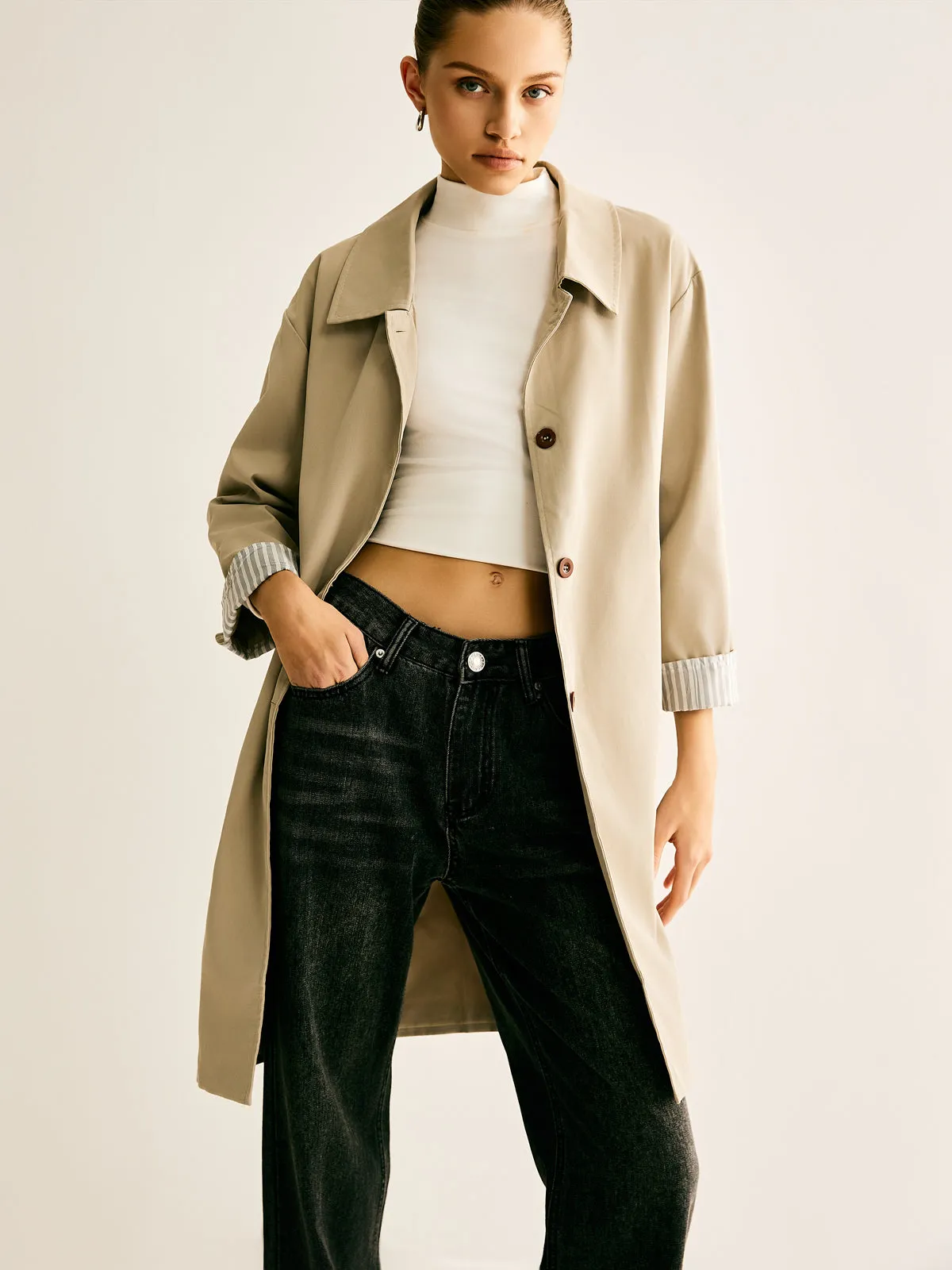 Pinstripe-Cuff Long Trench Coat sold by COMMENSE