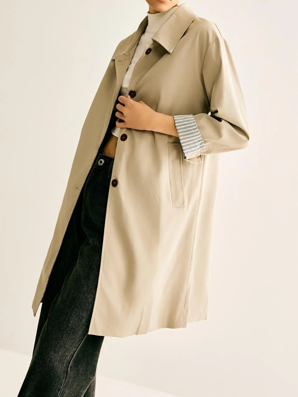 Pinstripe-Cuff Long Trench Coat sold by COMMENSE product image thumbnail 2