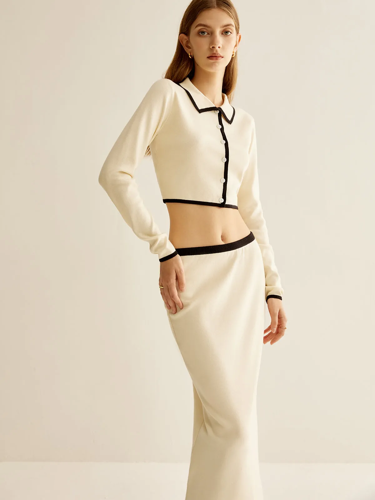 Minimalist Contrast Trim Lapel Skirt Set sold by COMMENSE product image thumbnail 3