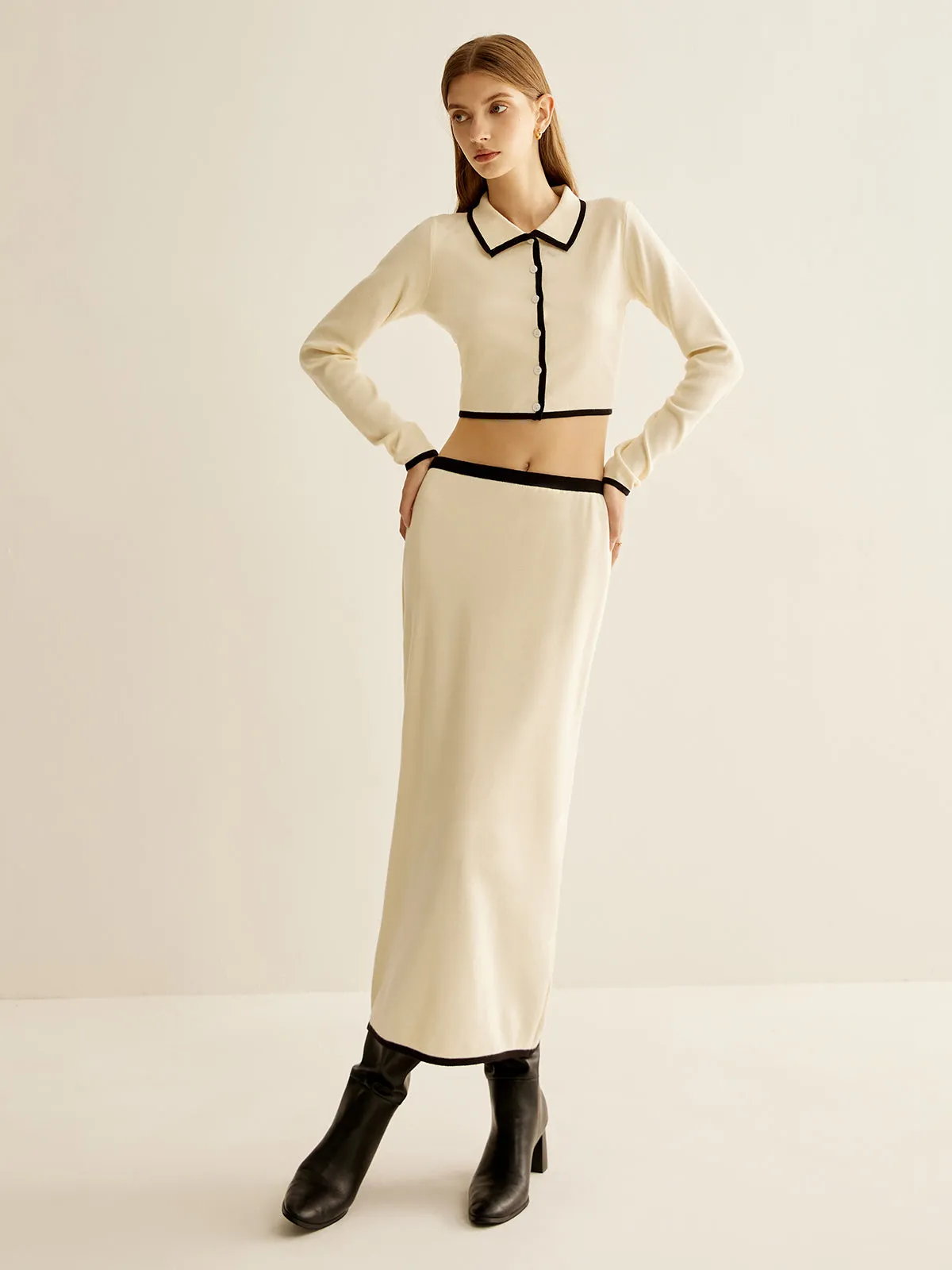 Minimalist Contrast Trim Lapel Skirt Set sold by COMMENSE