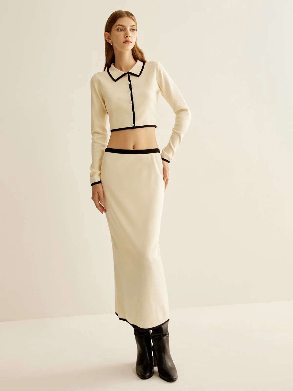 Minimalist Contrast Trim Lapel Skirt Set sold by COMMENSE product image thumbnail 2