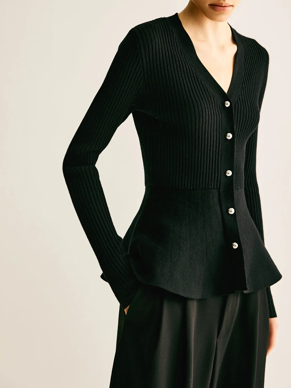 Ribbed Panel Bud Waist Button Knit Top sold by COMMENSE product image thumbnail 3