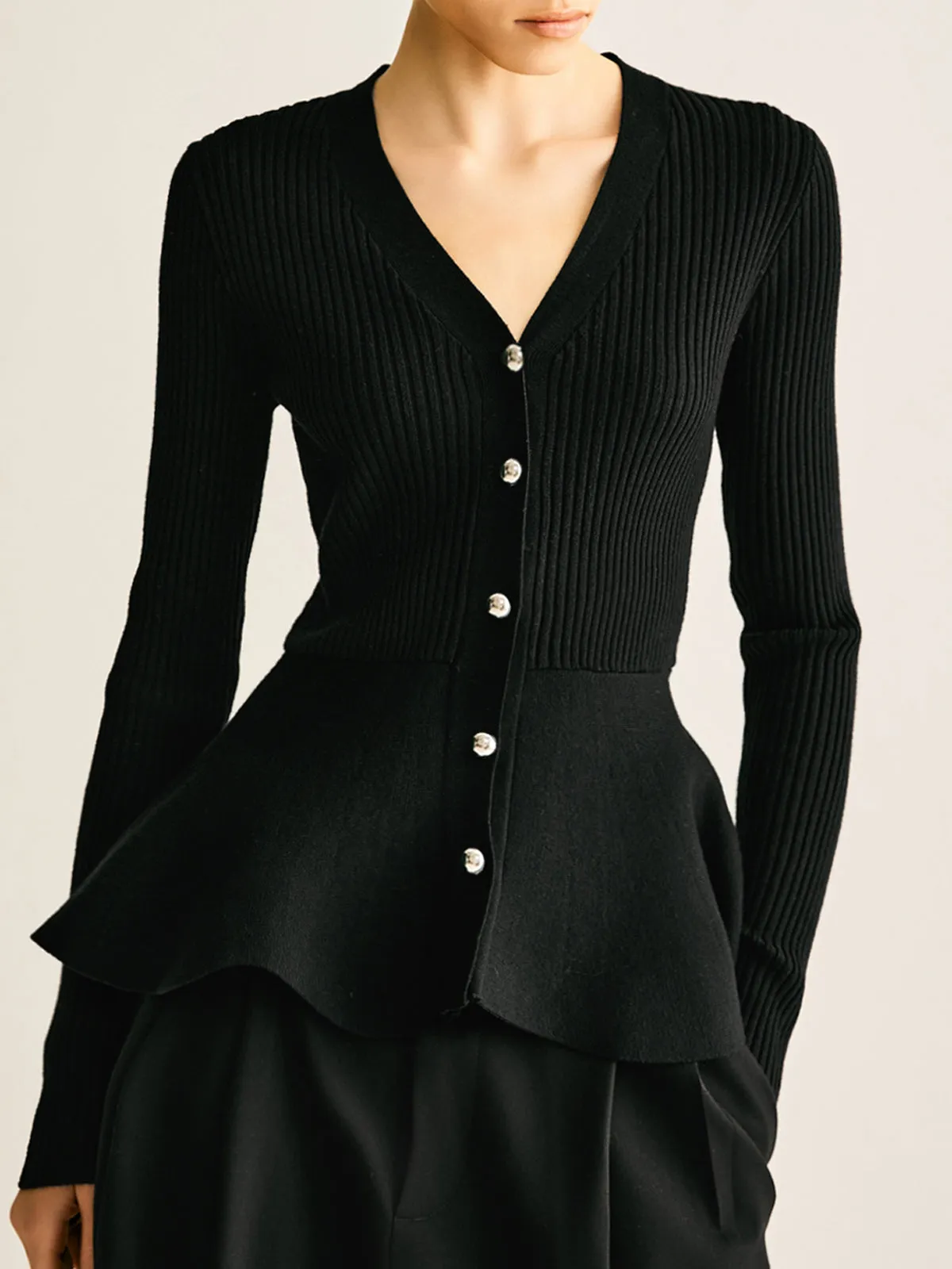 Ribbed Panel Bud Waist Button Knit Top sold by COMMENSE