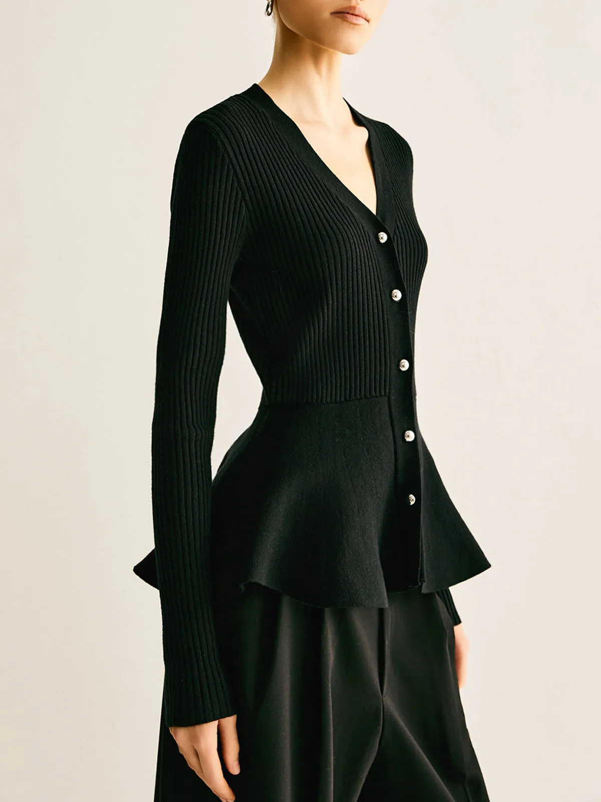 Ribbed Panel Bud Waist Button Knit Top sold by COMMENSE product image thumbnail 2