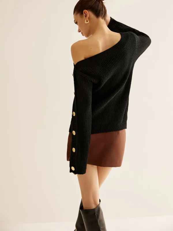 Metal-Detail Cold-Shoulder Knit Top sold by COMMENSE
