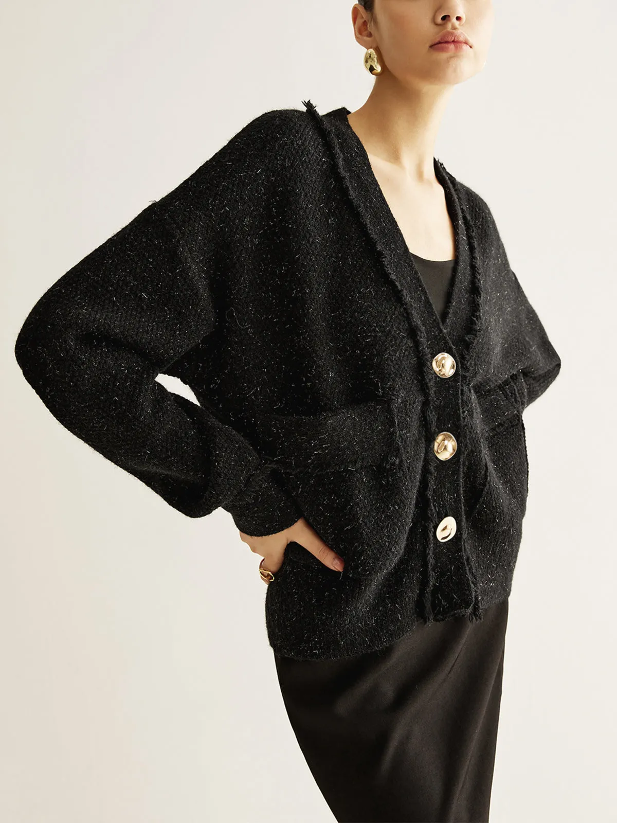 V-Neck Raw Hem Button Cardigan sold by COMMENSE product image thumbnail 4