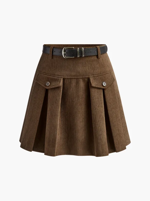 Corduroy Pleated Skirt With Belt sold by COMMENSE