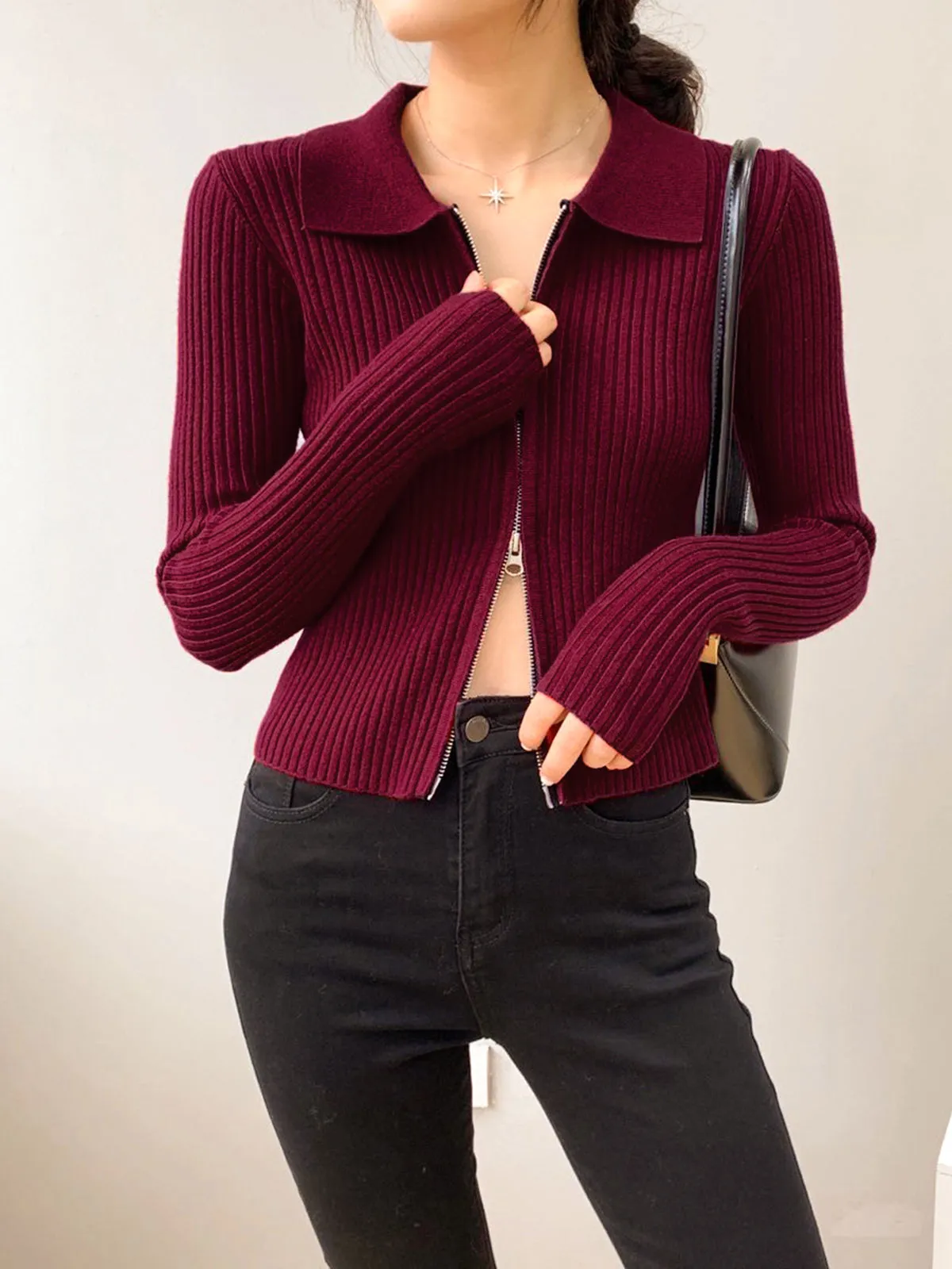 Double-Zip Ribbed Petite Sweater sold by COMMENSE product image thumbnail 3