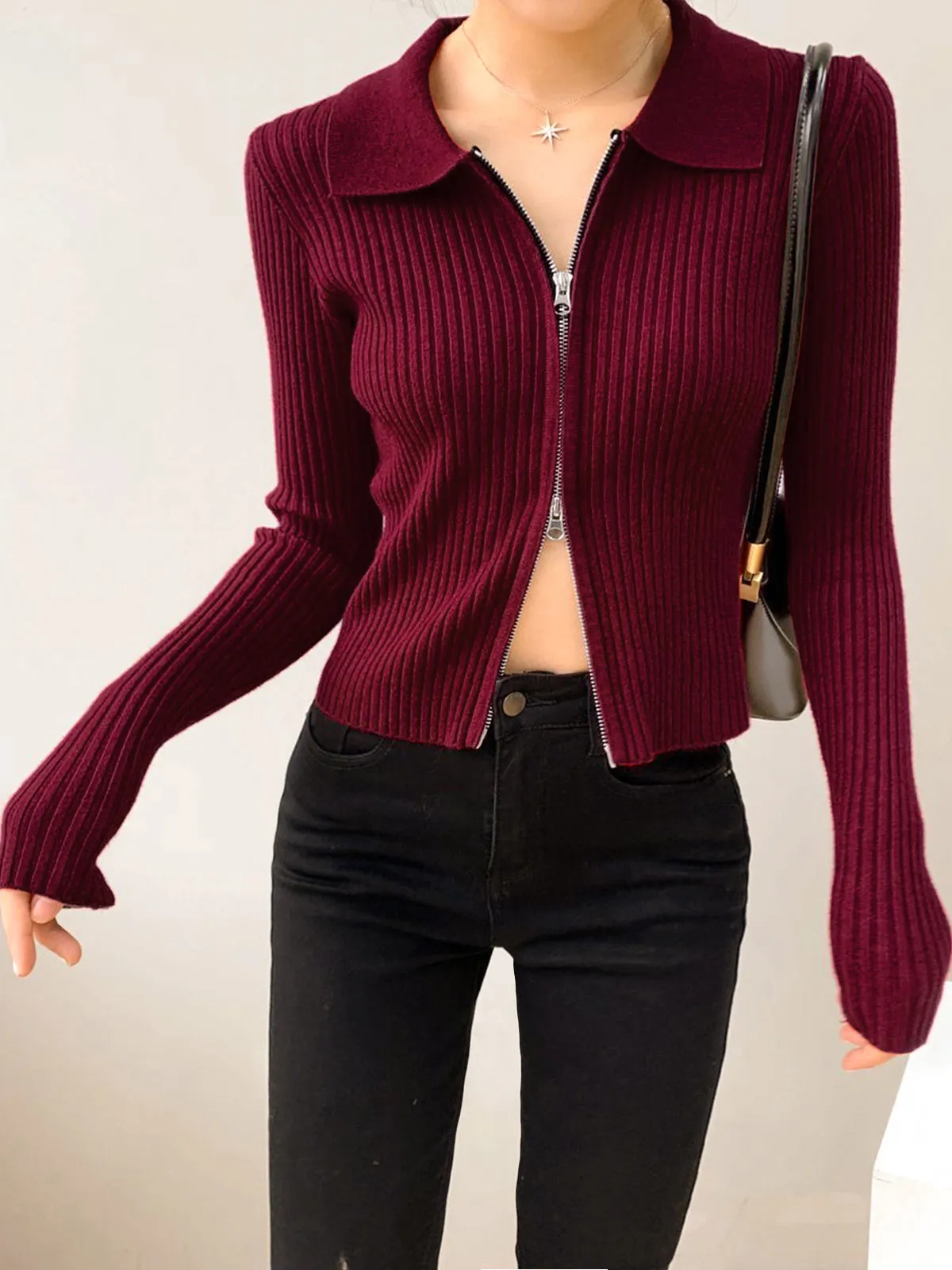 Double-Zip Ribbed Petite Sweater sold by COMMENSE product image thumbnail 2