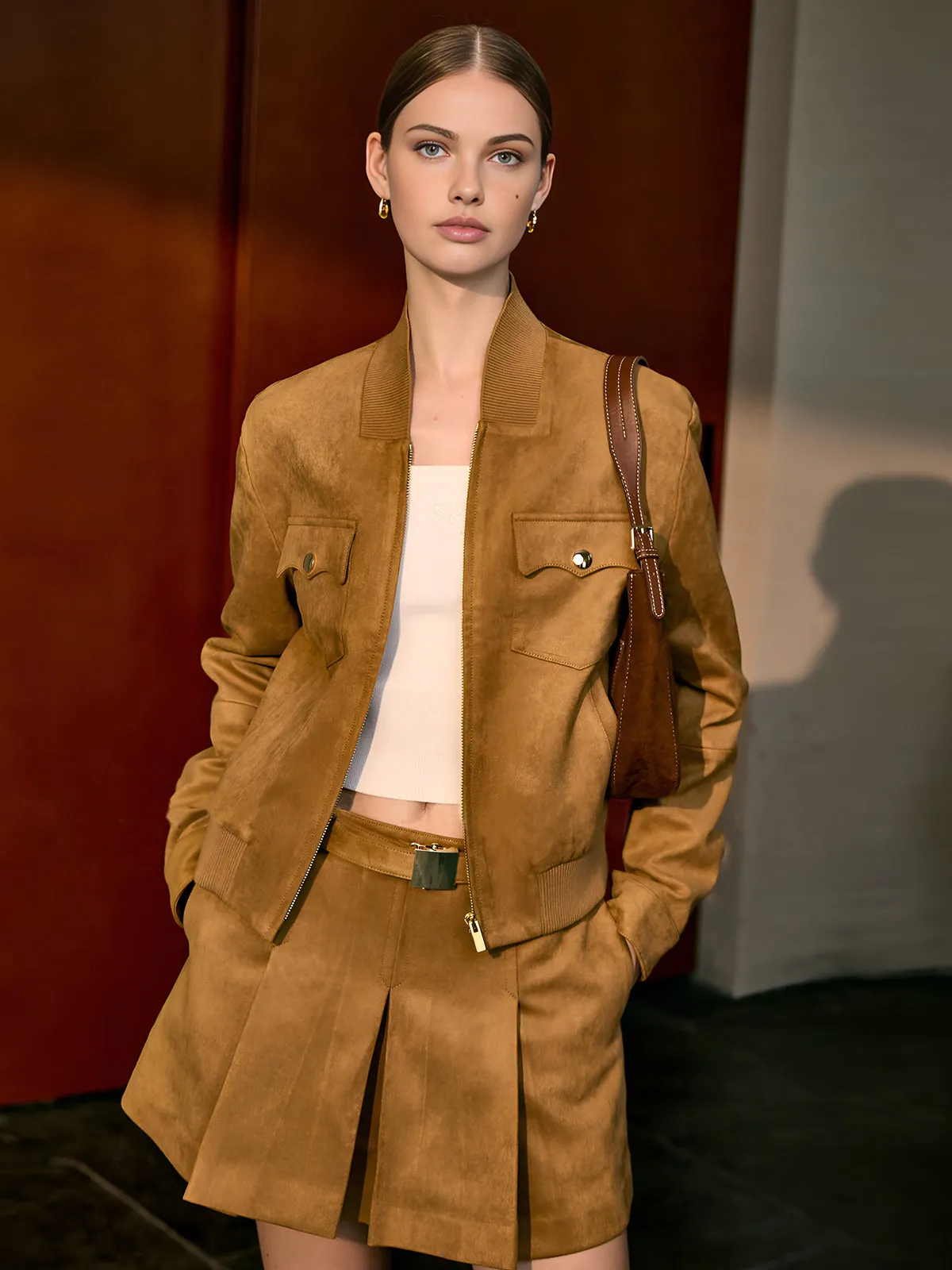 Suede Effect Pleated Pockets Skirt With Belt sold by COMMENSE product image thumbnail 3